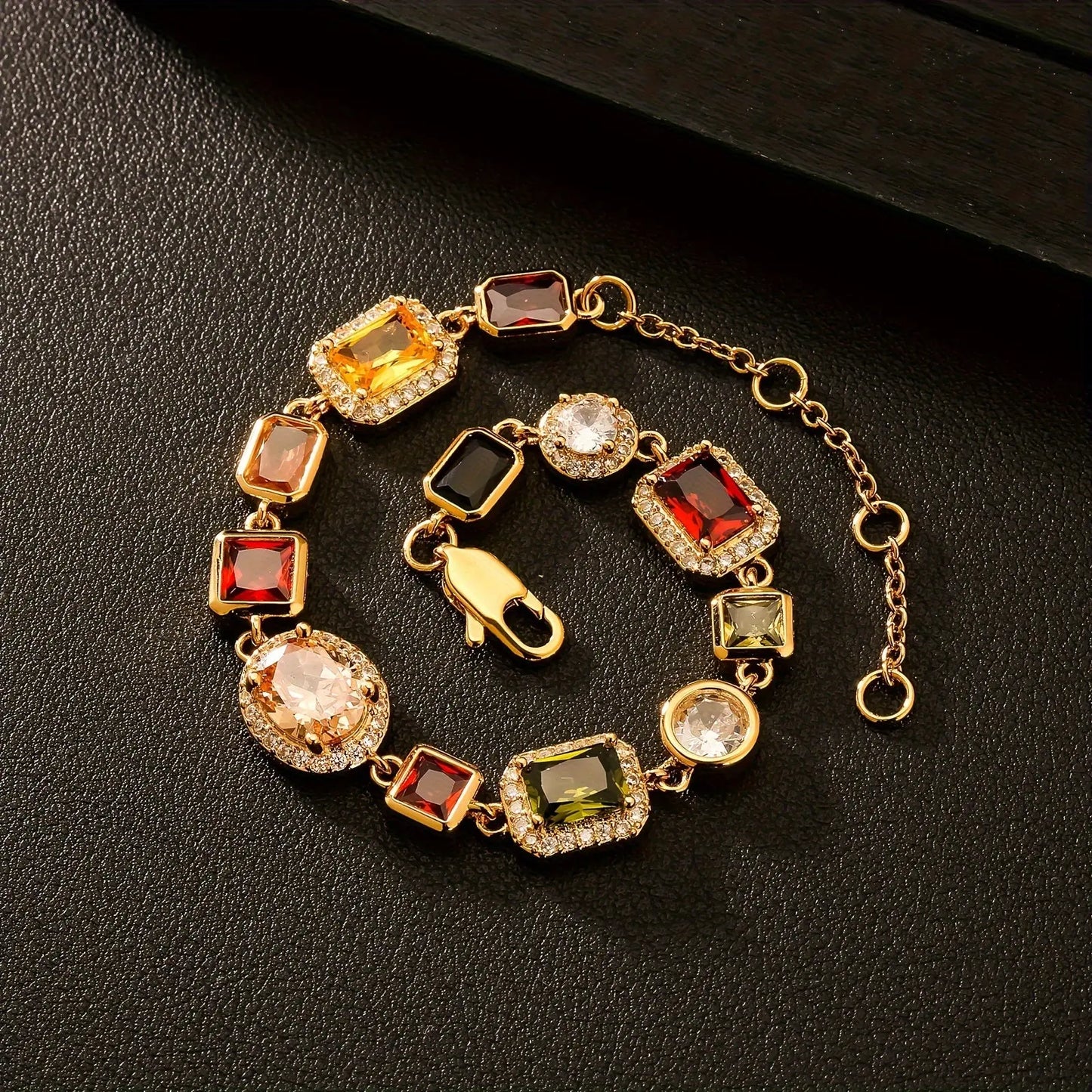 1pc 10MM Colorful CZ Bracelet, Colorful Synthetic Gemstone Chain Bracelet For Men And Women, Copper golden Plated Hip Hop Jewelry, Valentine's Day Wedding Anniversary Birthday Gift, Father's Day Gift Hominus Denim