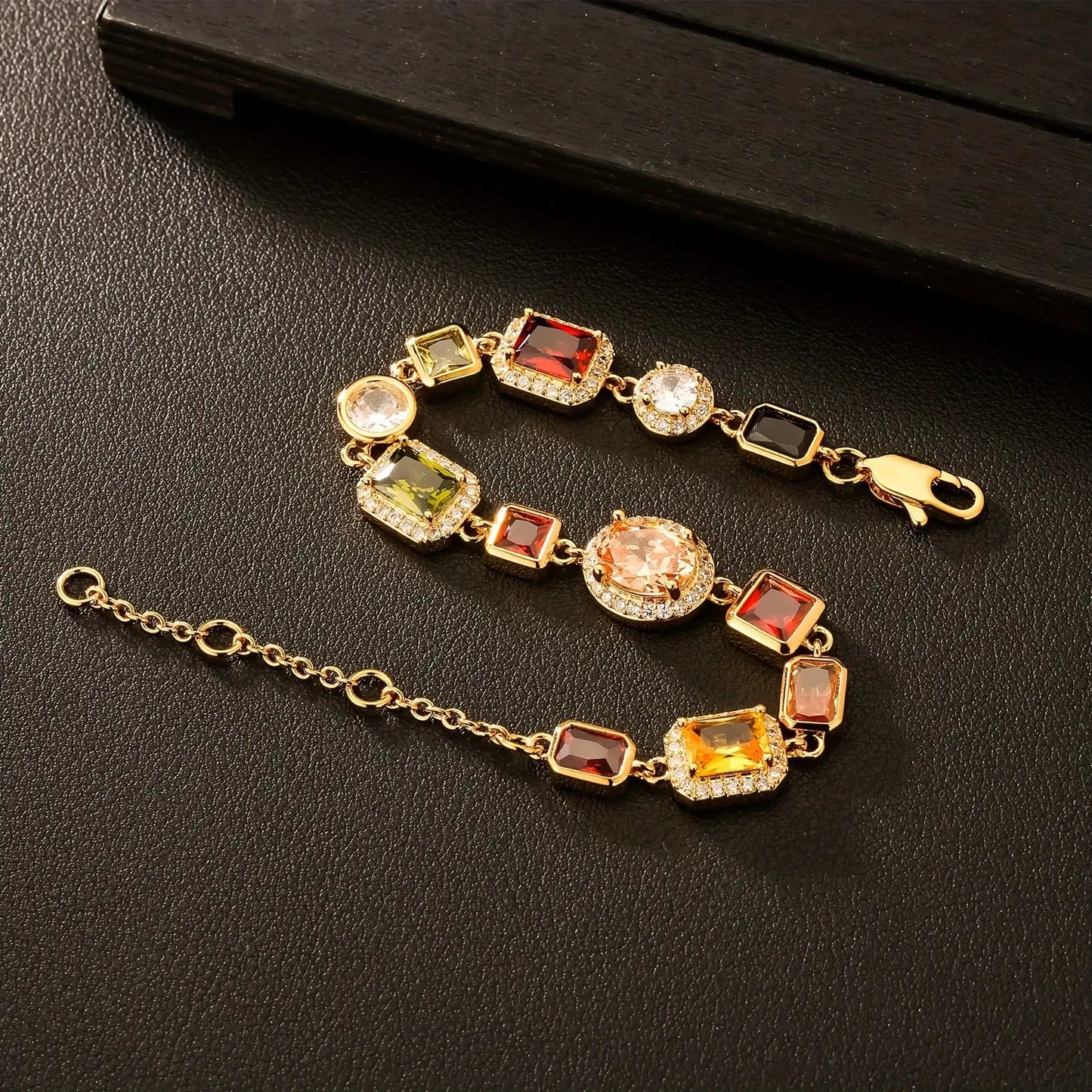 1pc 10MM Colorful CZ Bracelet, Colorful Synthetic Gemstone Chain Bracelet For Men And Women, Copper golden Plated Hip Hop Jewelry, Valentine's Day Wedding Anniversary Birthday Gift, Father's Day Gift Hominus Denim