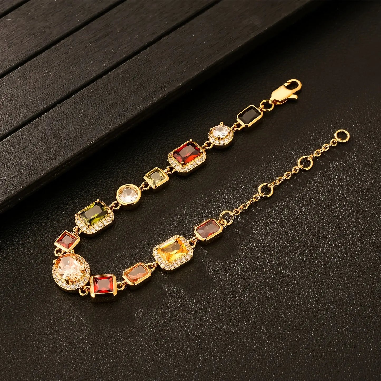 1pc 10MM Colorful CZ Bracelet, Colorful Synthetic Gemstone Chain Bracelet For Men And Women, Copper golden Plated Hip Hop Jewelry, Valentine's Day Wedding Anniversary Birthday Gift, Father's Day Gift Hominus Denim