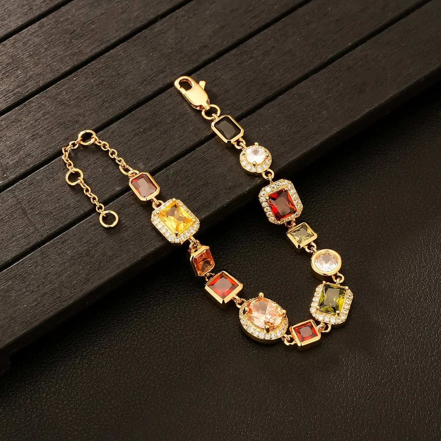1pc 10MM Colorful CZ Bracelet, Colorful Synthetic Gemstone Chain Bracelet For Men And Women, Copper golden Plated Hip Hop Jewelry, Valentine's Day Wedding Anniversary Birthday Gift, Father's Day Gift Hominus Denim