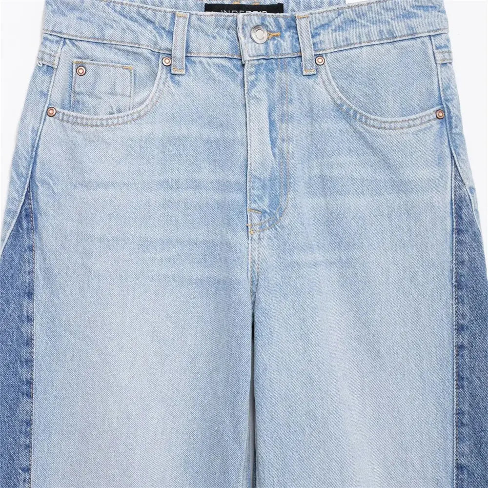 2025 New Women's Casual Elegant Design with European and American Style Splicing Cotton High Waist Wide Leg Jeans Hominus Denim