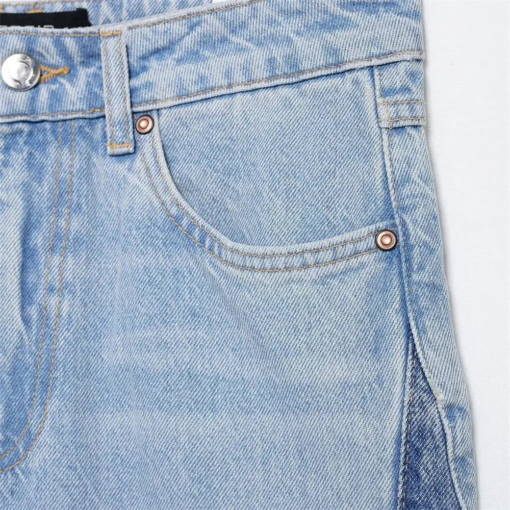 2025 New Women's Casual Elegant Design with European and American Style Splicing Cotton High Waist Wide Leg Jeans Hominus Denim