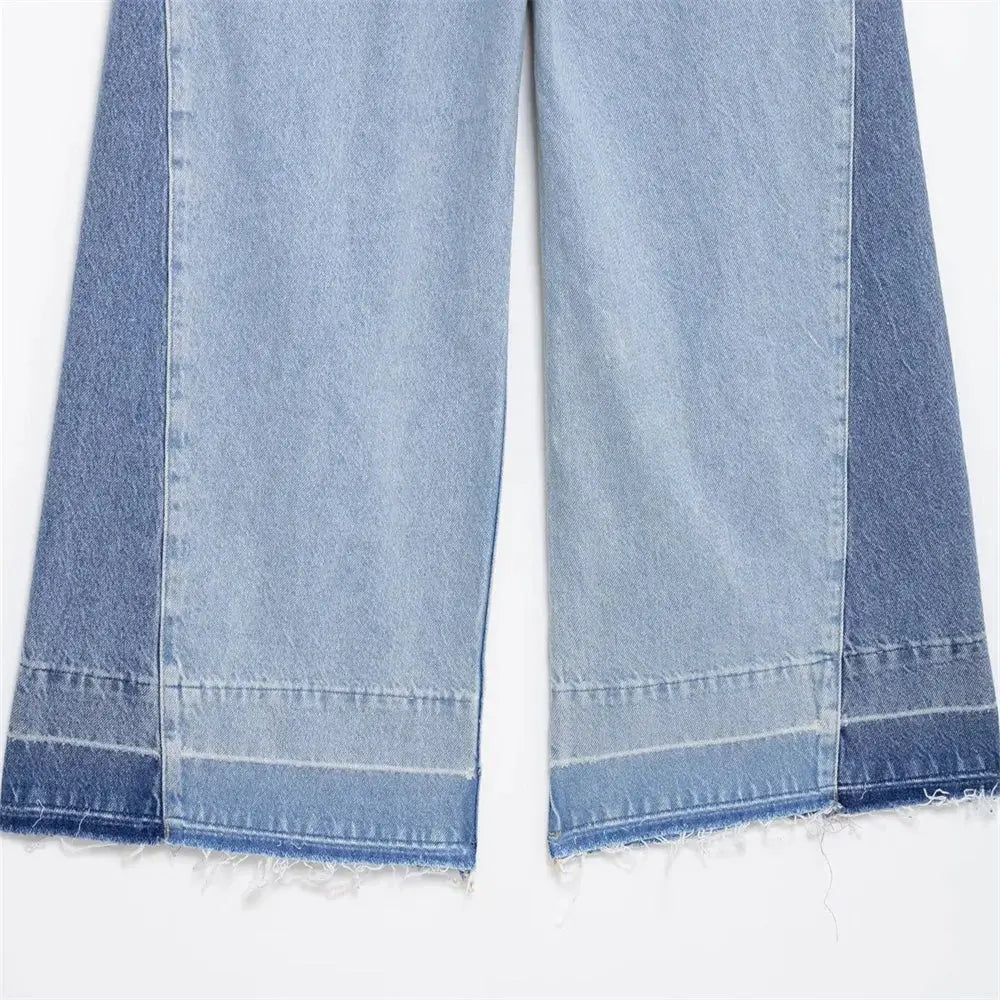 2025 New Women's Casual Elegant Design with European and American Style Splicing Cotton High Waist Wide Leg Jeans Hominus Denim