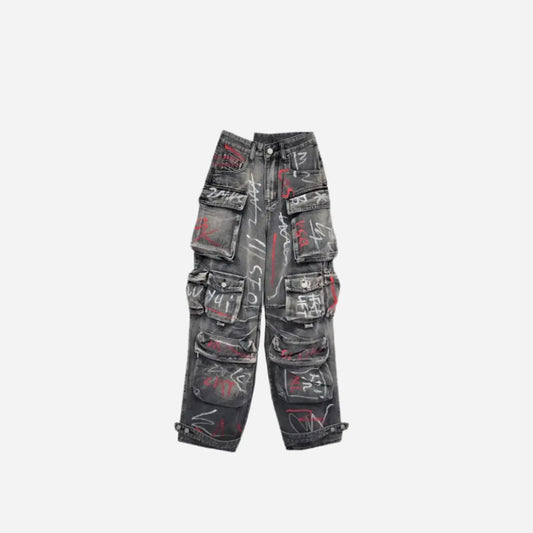 Baggy Punk Print Letter Multi Pockets Cargo Jean Hominus Denim