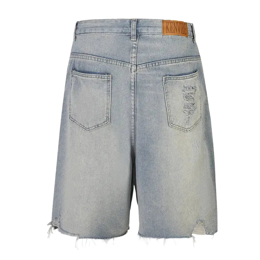 Beading Denim Shorts Mens Raw Edge Washed Distressed Summer High Street Loose Wide Leg Short Jeans Men Hominus Denim