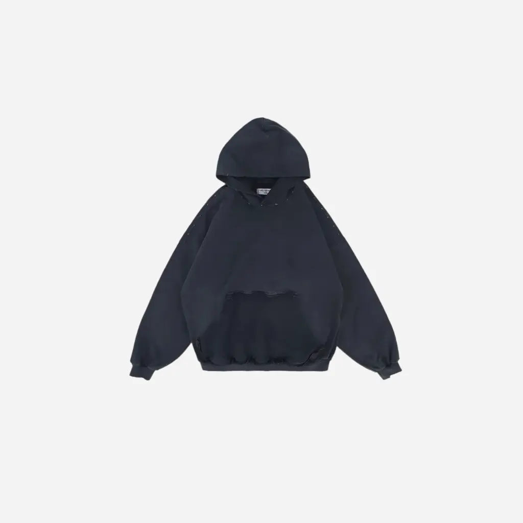 Black Casual Destroyed Washed Hoodie Hominus Denim