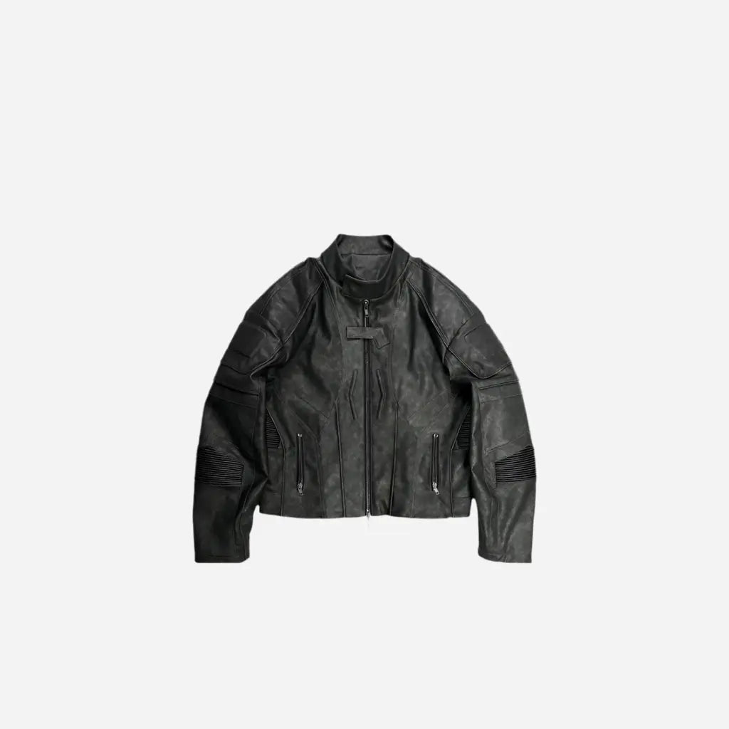 Black Cropped Distressed Leather Racer Jacket Hominus Denim