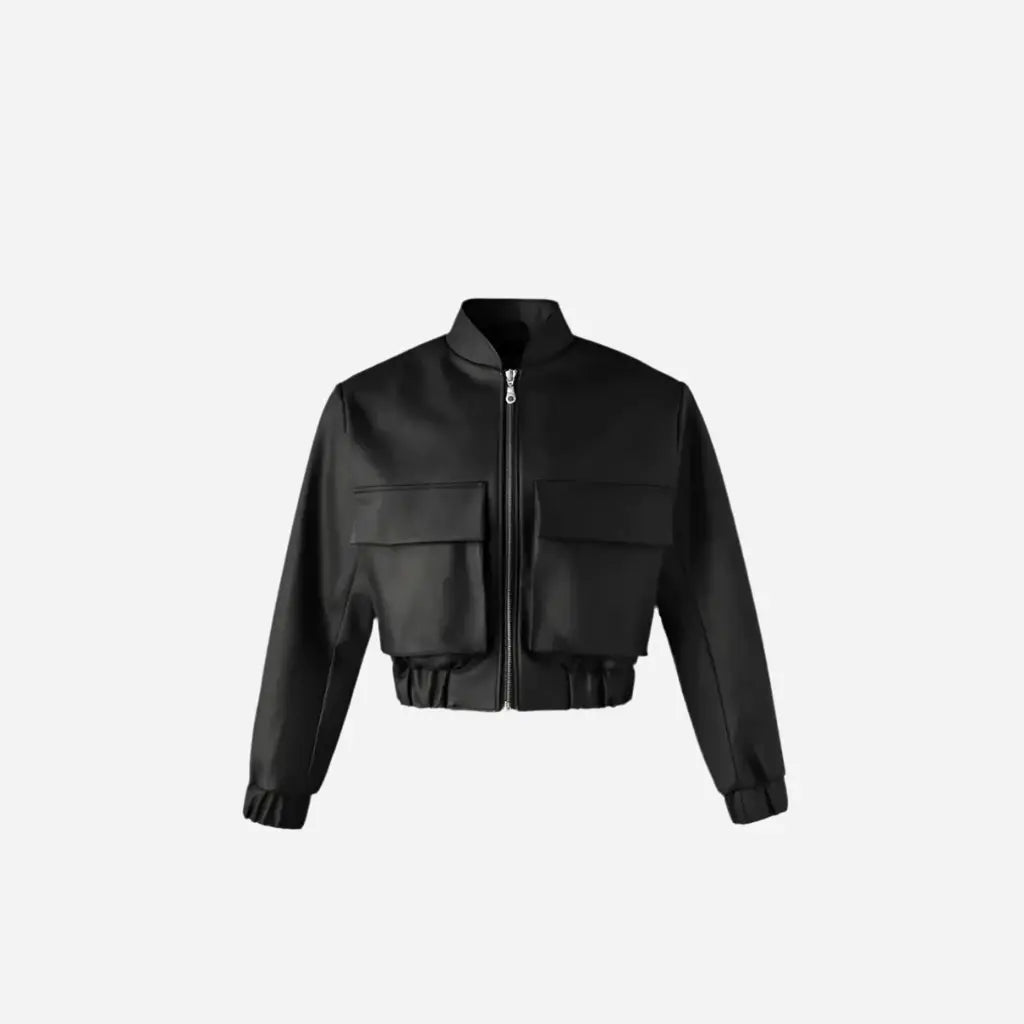 Black Cropped Loose Leather Bomber Jacket Hominus Denim