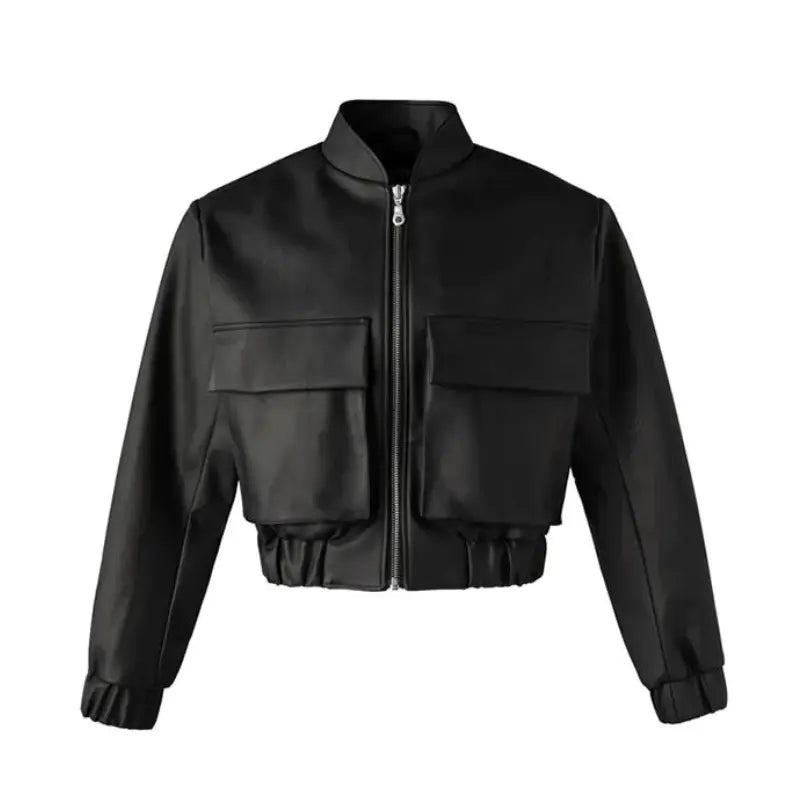 Black Cropped Loose Leather Bomber Jacket - Hominus Denim