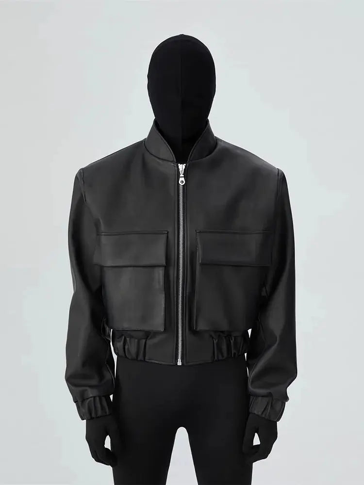 Black Cropped Loose Leather Bomber Jacket - Hominus Denim