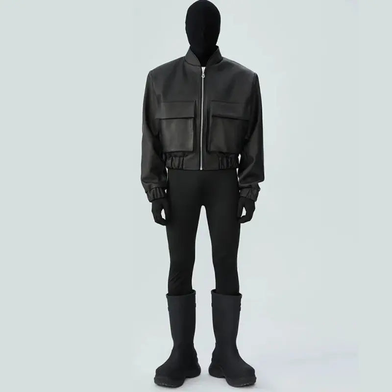 Black Cropped Loose Leather Bomber Jacket - Hominus Denim