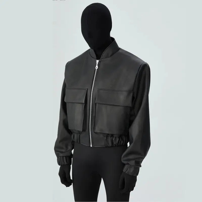 Black Cropped Loose Leather Bomber Jacket - Hominus Denim