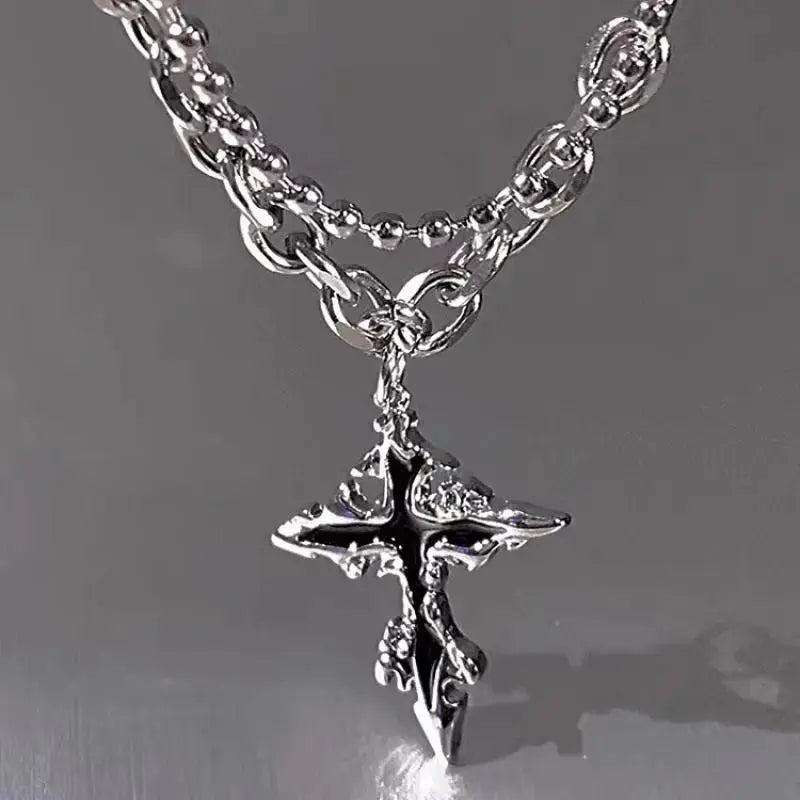 Black Cross Double Layer Splicing Chain Necklace - Hominus Denim