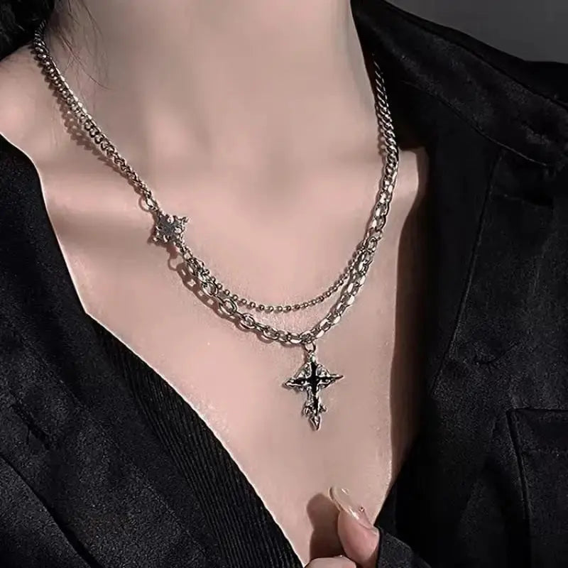 Black Cross Double Layer Splicing Chain Necklace - Hominus Denim