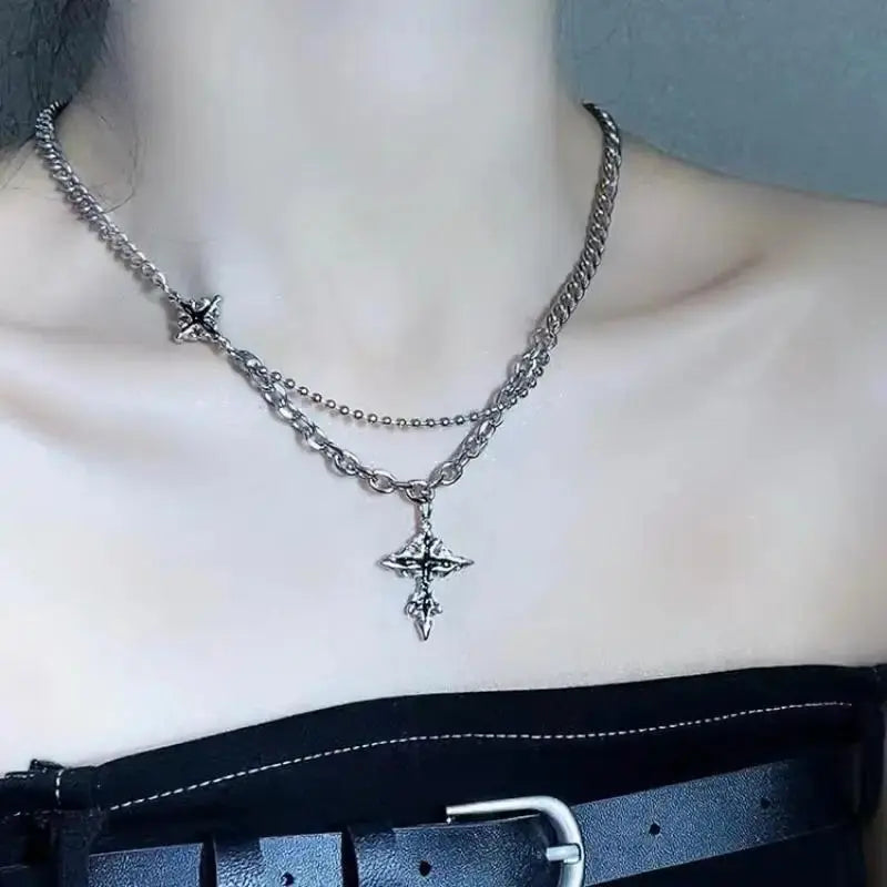 Black Cross Double Layer Splicing Chain Necklace - Hominus Denim