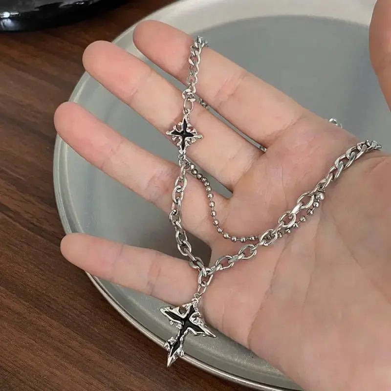 Black Cross Double Layer Splicing Chain Necklace - Hominus Denim