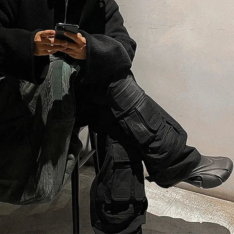 Black Detachable Multi Workwear Wide Leg Cargo Pant - Hominus Denim