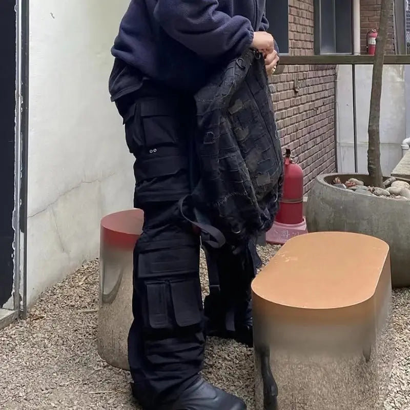 Black Detachable Multi Workwear Wide Leg Cargo Pant - Hominus Denim