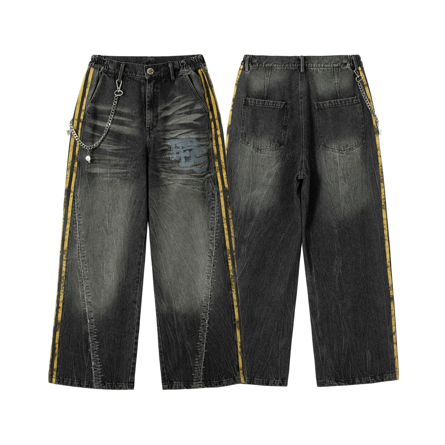 Black Grunge Yellow Striped Baggy Jean - Hominus Denim
