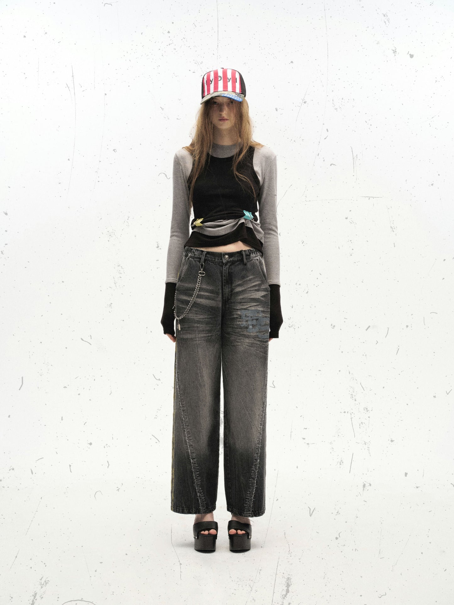 Black Grunge Yellow Striped Baggy Jean - Hominus Denim