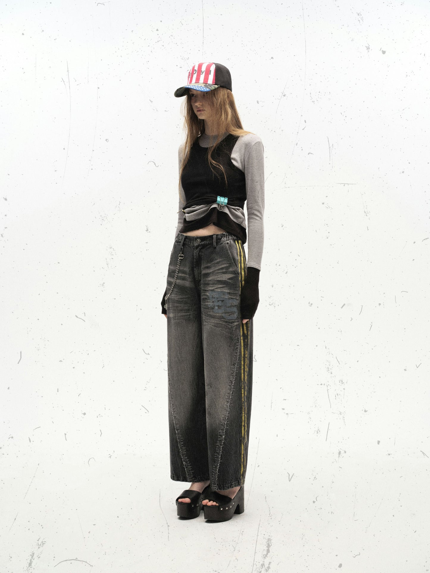 Black Grunge Yellow Striped Baggy Jean - Hominus Denim