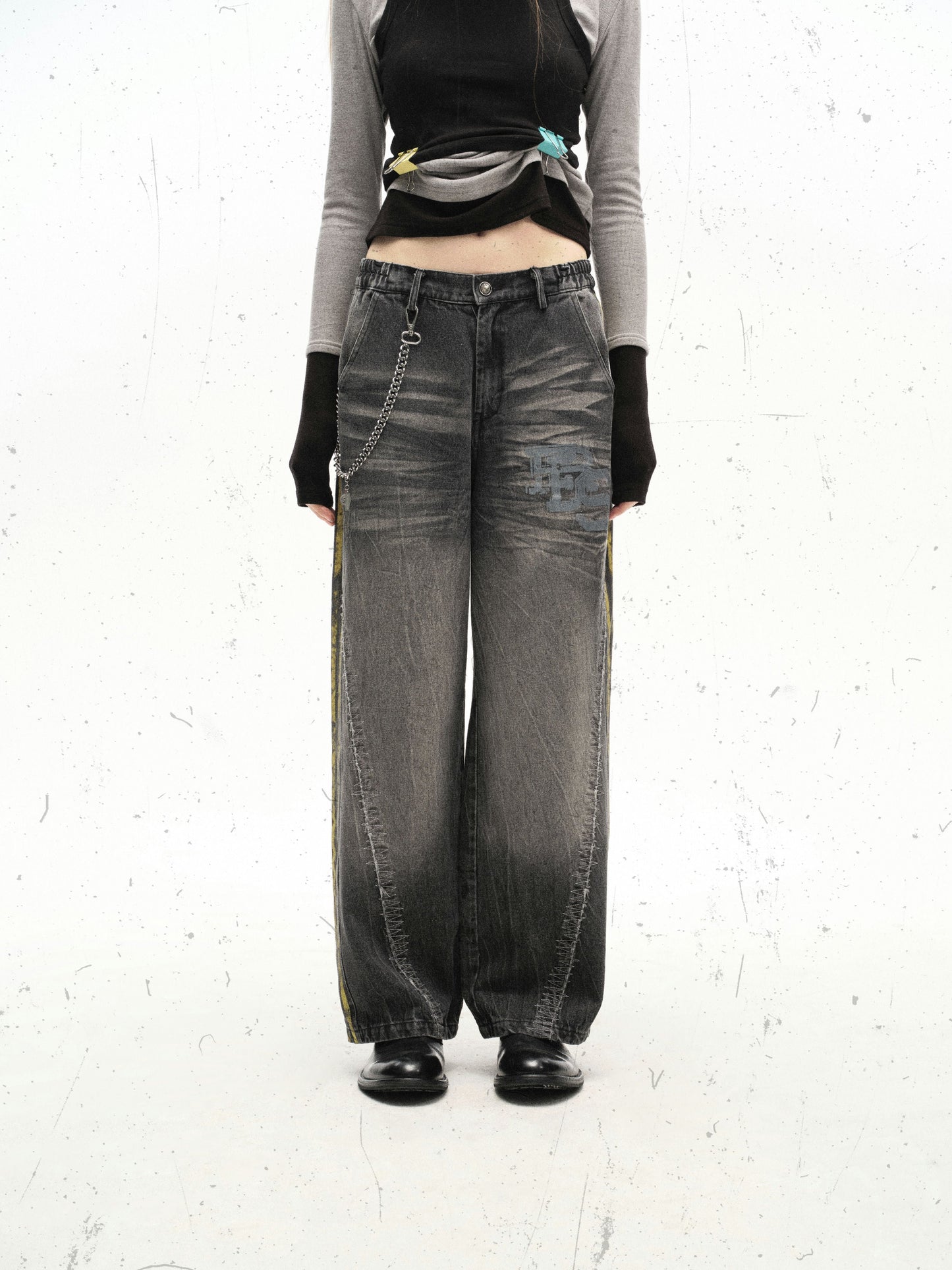 Black Grunge Yellow Striped Baggy Jean - Hominus Denim