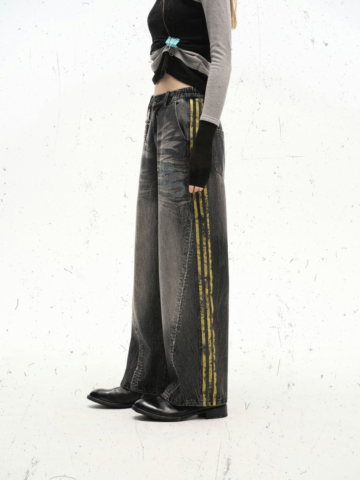 Black Grunge Yellow Striped Baggy Jean - Hominus Denim