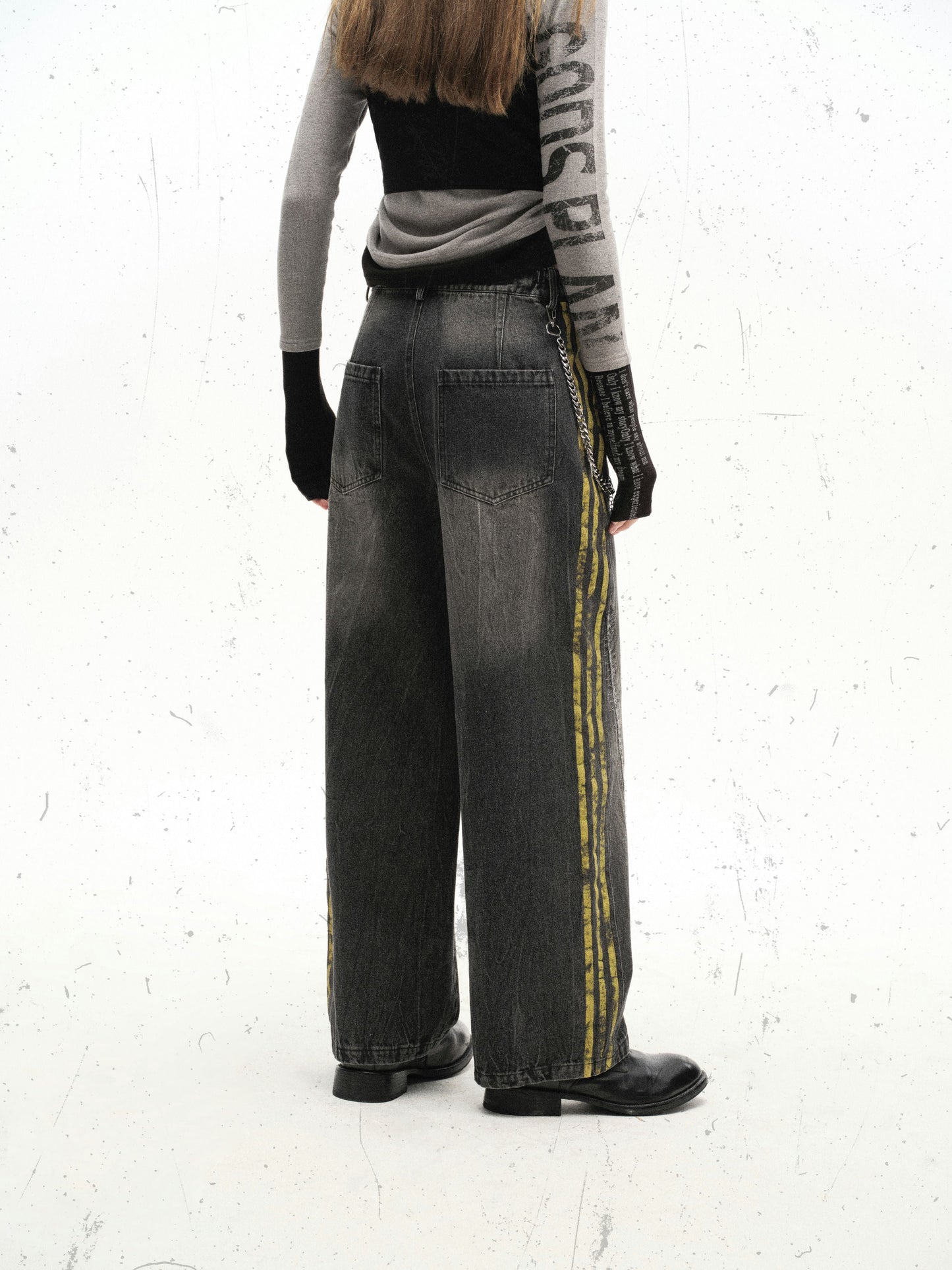 Black Grunge Yellow Striped Baggy Jean - Hominus Denim