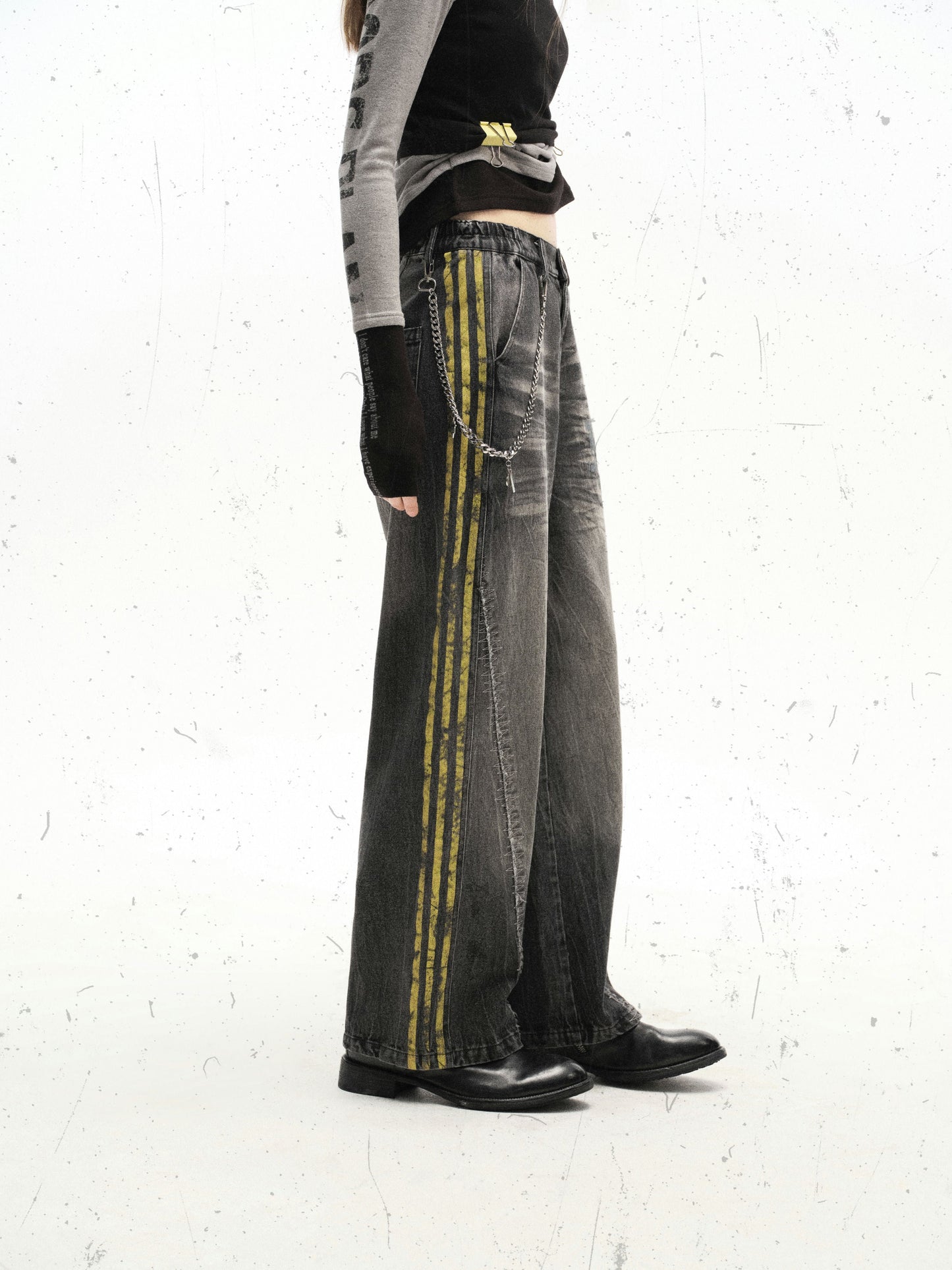 Black Grunge Yellow Striped Baggy Jean - Hominus Denim