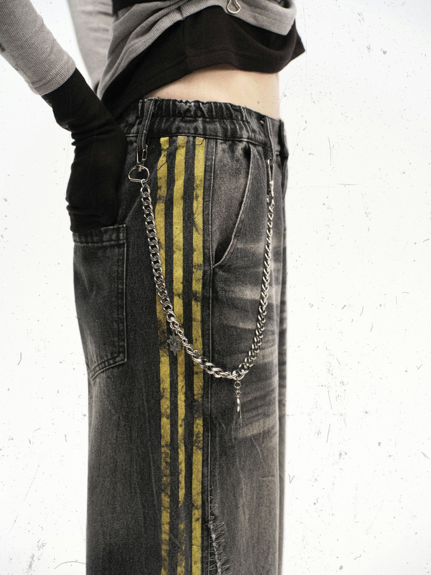 Black Grunge Yellow Striped Baggy Jean - Hominus Denim