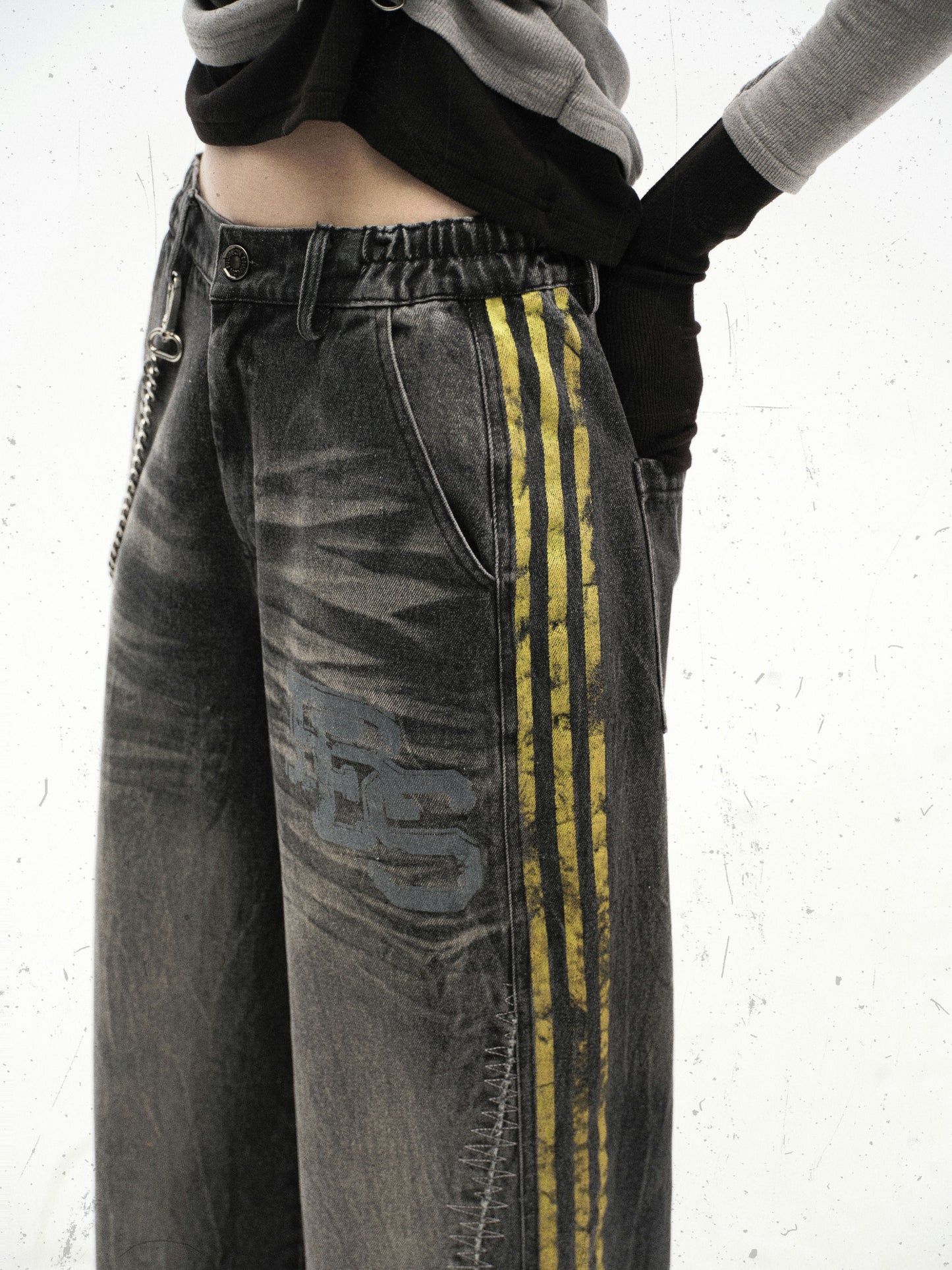 Black Grunge Yellow Striped Baggy Jean - Hominus Denim