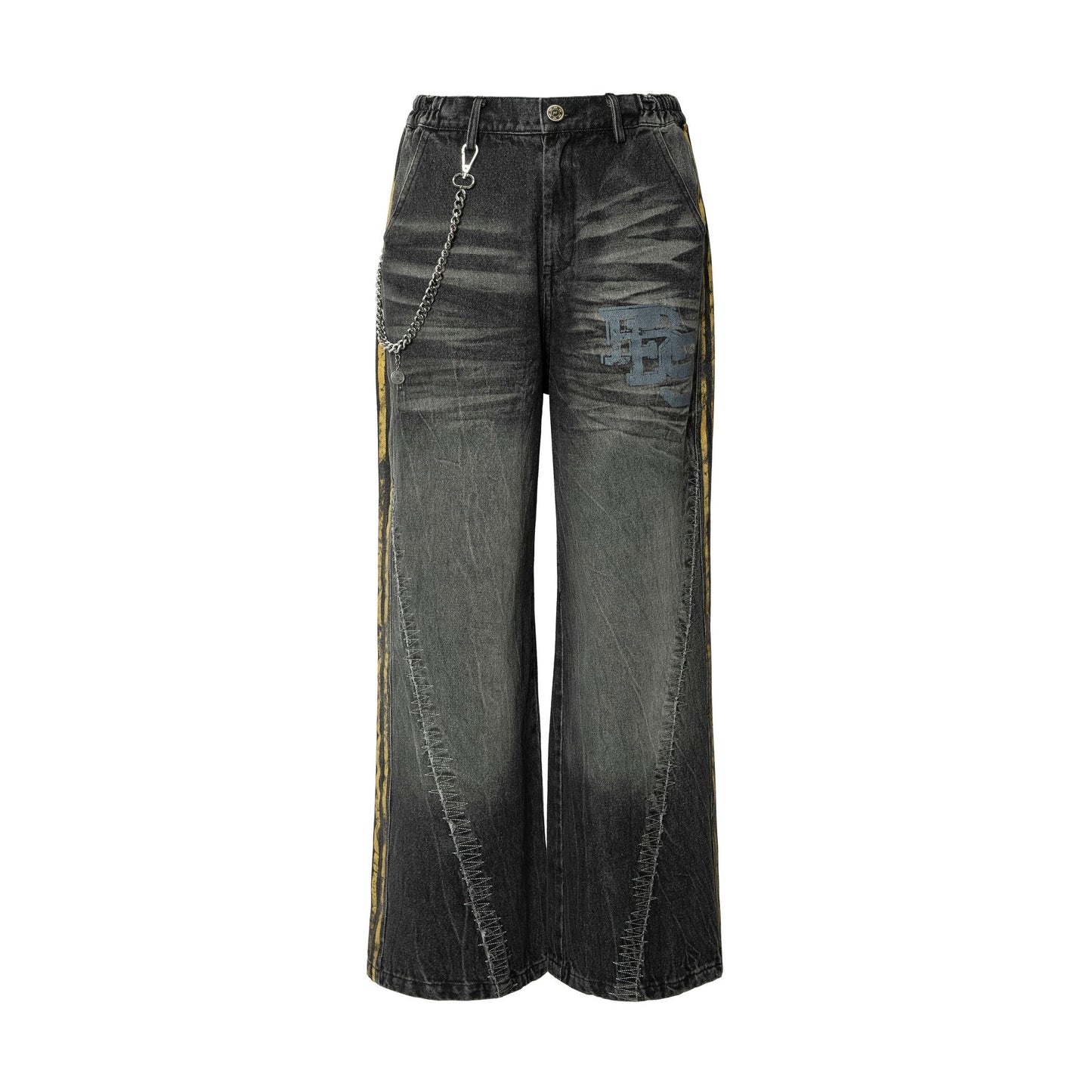 Black Grunge Yellow Striped Baggy Jean - Hominus Denim