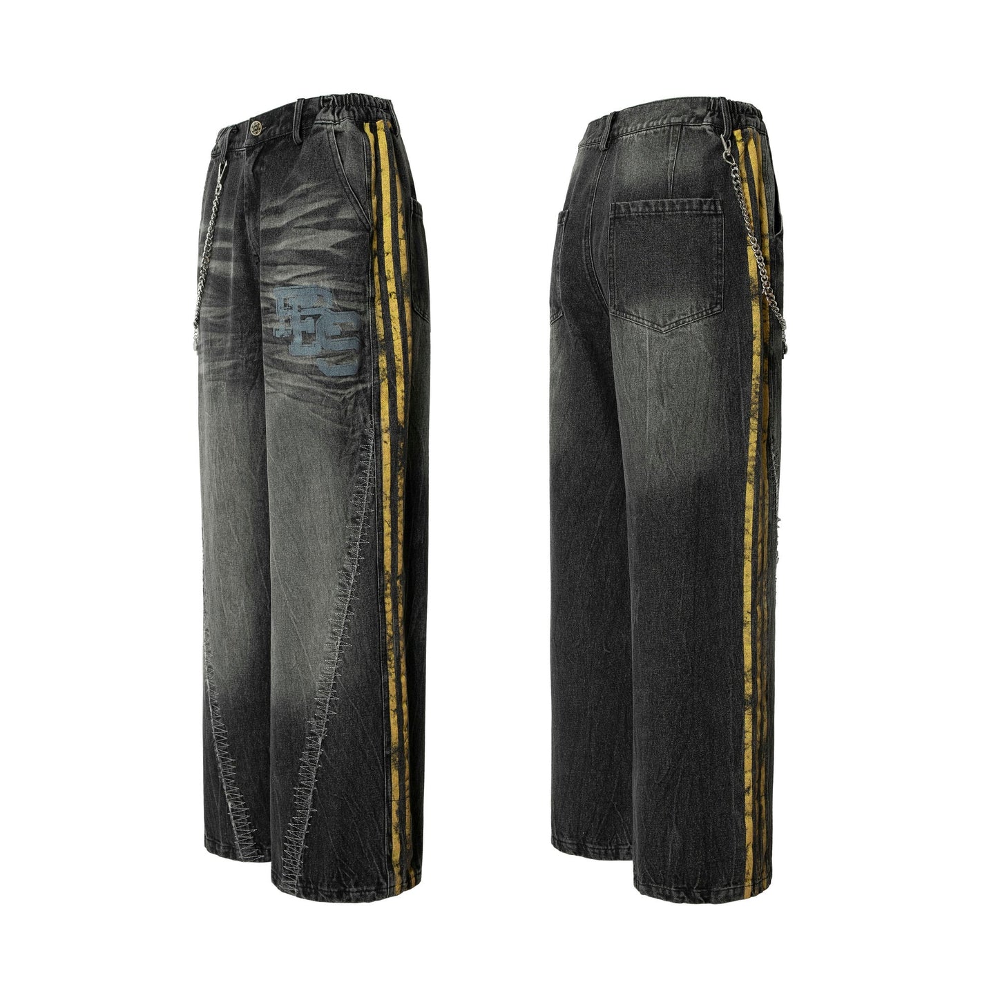 Black Grunge Yellow Striped Baggy Jean - Hominus Denim