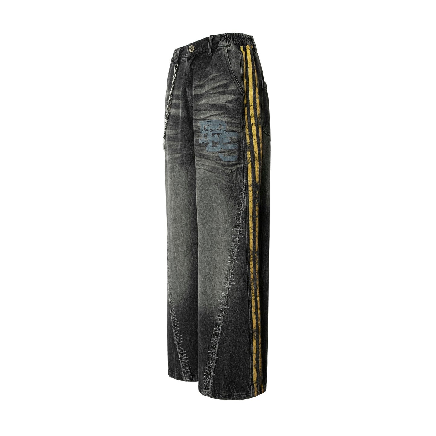 Black Grunge Yellow Striped Baggy Jean - Hominus Denim