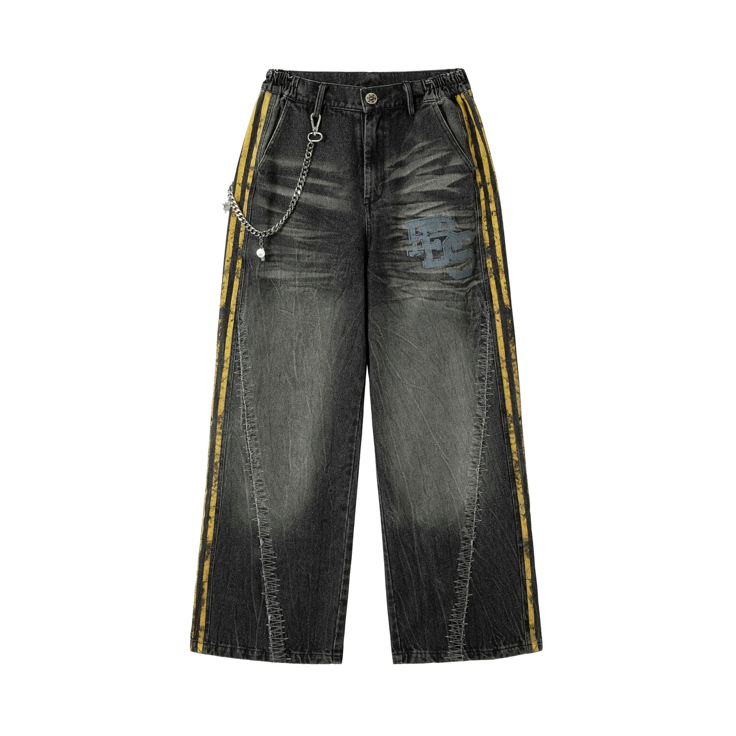 Black Grunge Yellow Striped Baggy Jean - Hominus Denim