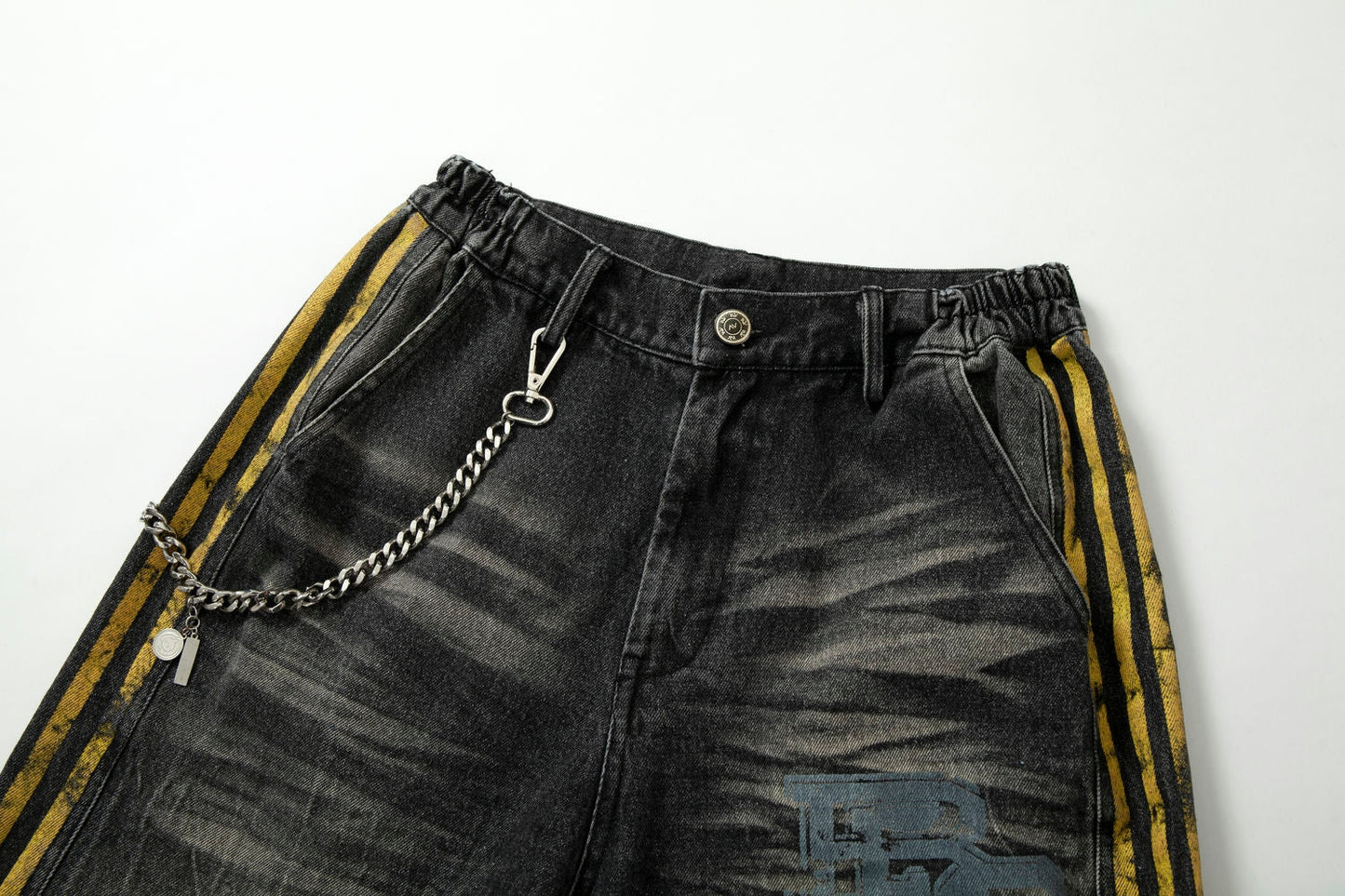 Black Grunge Yellow Striped Baggy Jean - Hominus Denim