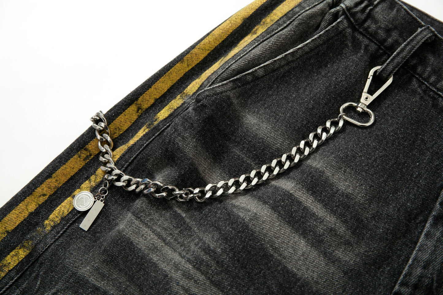 Black Grunge Yellow Striped Baggy Jean - Hominus Denim