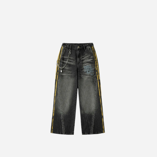 Black Grunge Yellow Striped Baggy Jean Hominus Denim