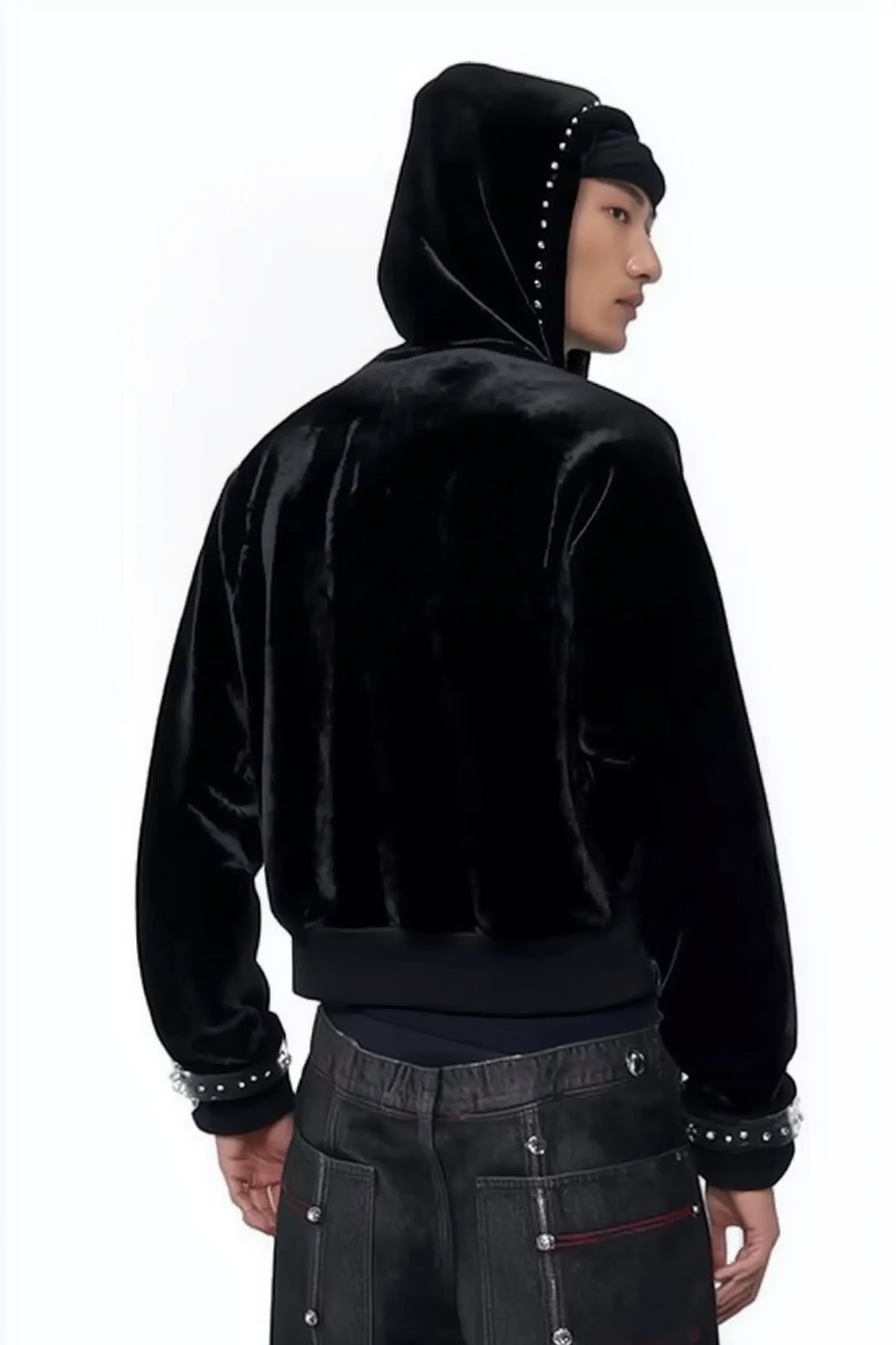 Black Metal Rivet Velvet Zip Hoodie Hominus Denim