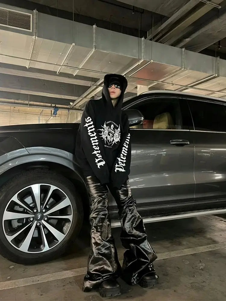 Black Oversized Baggy Wax Leather Pant Hominus Denim