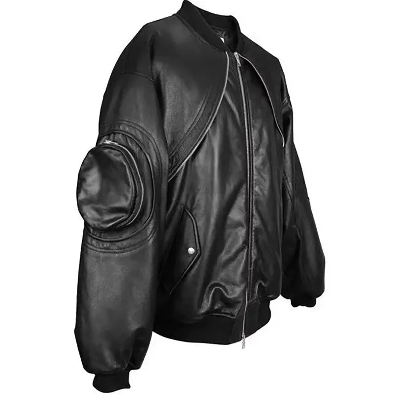 Black Oversized Leather Motorcycle Bomber Jacket - Hominus Denim