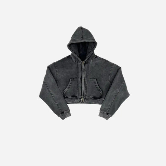 Black Retro Washed Cropped Zip Hoodie Hominus Denim