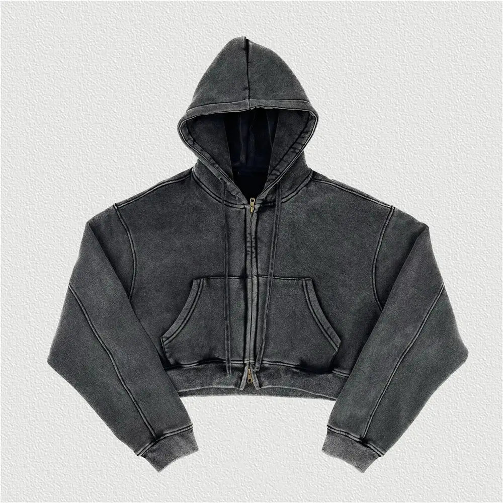 Black Retro Washed Cropped Zip Hoodie - Hominus Denim