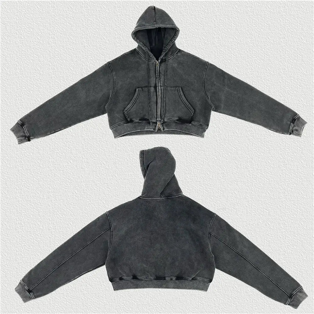 Black Retro Washed Cropped Zip Hoodie - Hominus Denim
