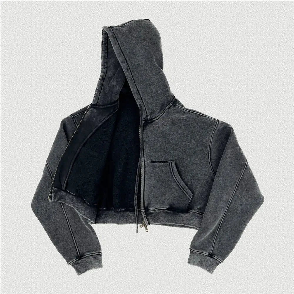 Black Retro Washed Cropped Zip Hoodie - Hominus Denim