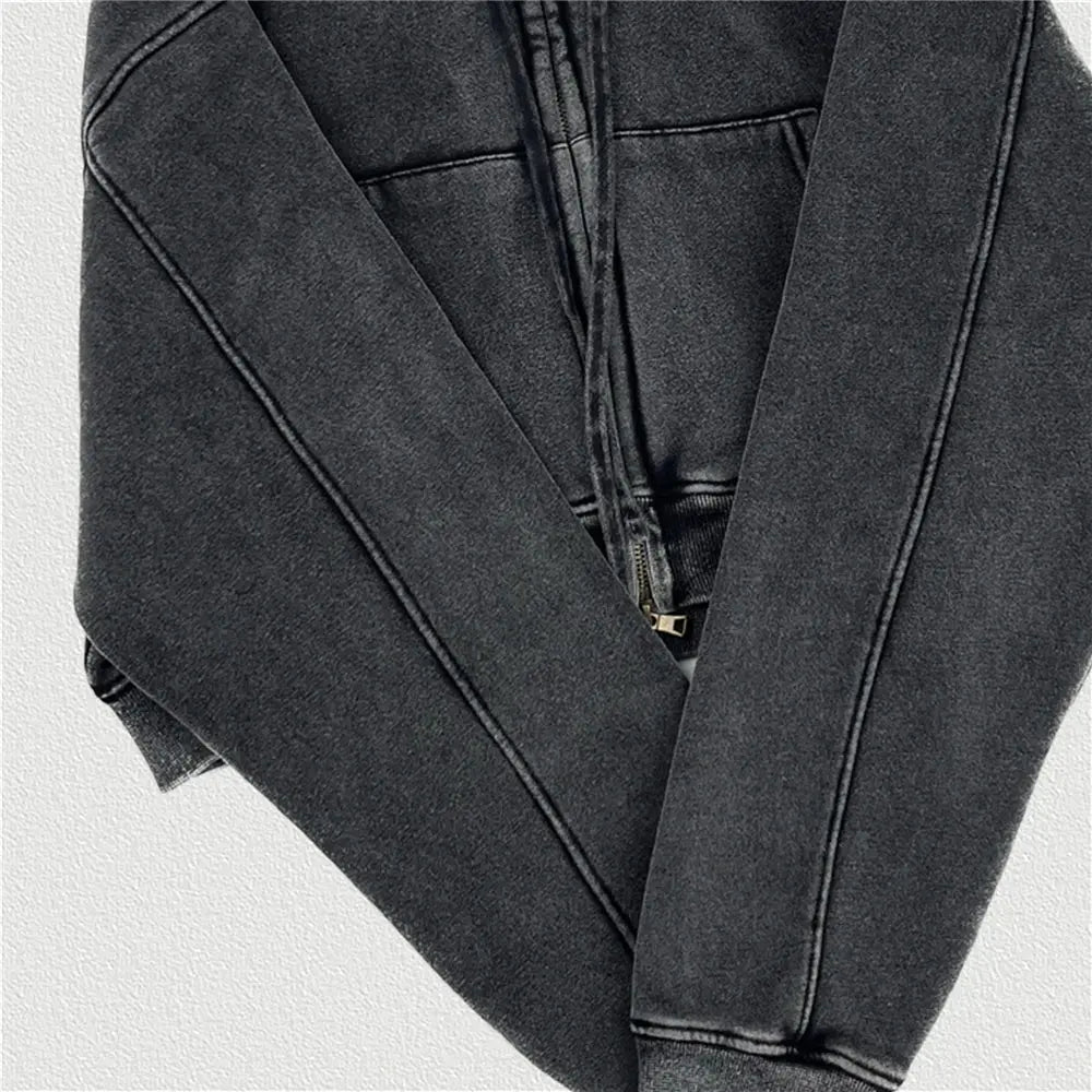 Black Retro Washed Cropped Zip Hoodie - Hominus Denim