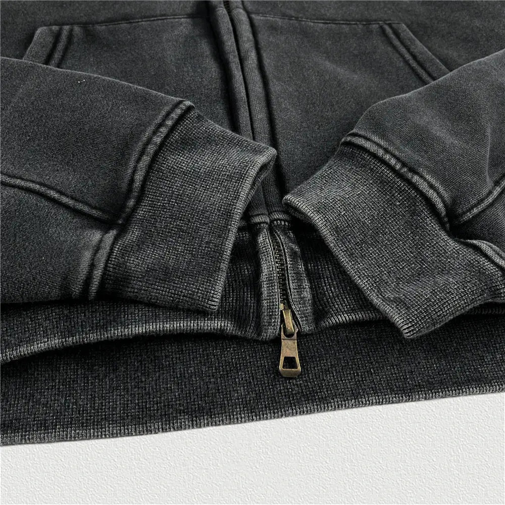 Black Retro Washed Cropped Zip Hoodie - Hominus Denim