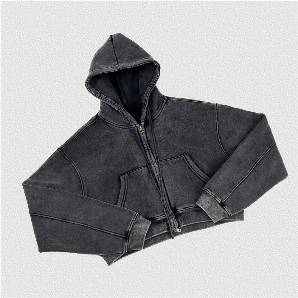 Black Retro Washed Cropped Zip Hoodie - Hominus Denim