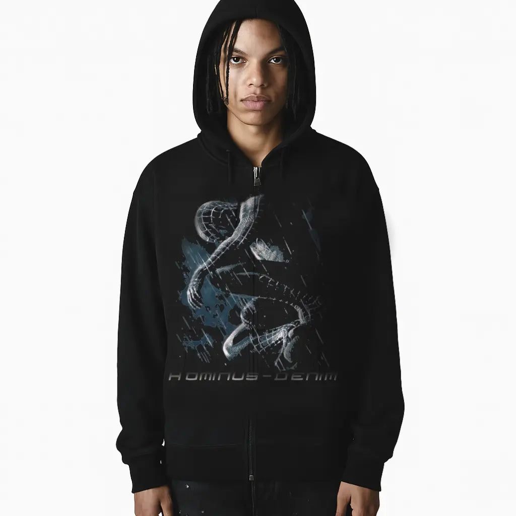 Black Spider Man Hominus Denim Hoodie Printify