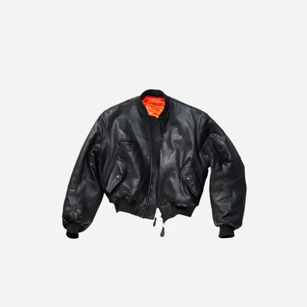 Black Vintage Cropped Leather Bomber Jacket Hominus Denim